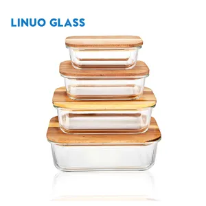 Linuo Eco-friendly Design Glass Storage Container Glass Food Container With Bamboo Wooden Lid