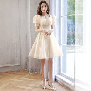 Champagne Short Evening Gown Square Neck Empire Waist Tulle Dress For Banquet Party - Product Image 4