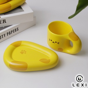 Juego de Taza de Porcelana y Posavasos con Diseño de Gato Gordito Amarillo, Estilo Nórdico con Puntos, Asa Grande, para Oficina, Escritorio, Regalo, Hogar, Desayuno, <span class=keywords><strong>LEXI</strong></span> - Product Image 3