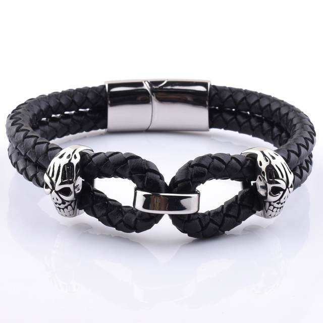 New Arrival Men Trendy Punk Rock Style Jewelry Double Skull Charm Mens Brown Leather Clasp Bracelet