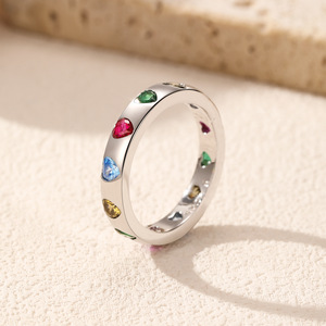 925 Sterling <b>Silver</b> Band Rainbow Heart Cut Cubic Zirconia <b>Eternity</b> Multi-Gemstone Heart <b>Eternity</b> <b>Ring</b> - Product Image 2