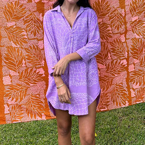 Summer design loose beach print <b>long</b>-sleeved button-down shirt <b>dress</b> custom linen shirt <b>dress</b> - Product Image 2