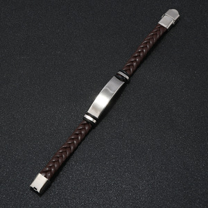 Customized Engrave Logo <b>Leather</b> Bangle Wristband Men's Stainless Steel Pu <b>Leather</b> Braided <b>Bracelets</b> - Product Image 4