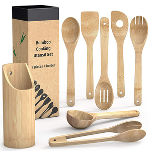 Juego de utensilios de madera de teca natural para cocina antiadherente de bambú personalizado, espátula para cocinar, 8 Uds. - Product Image 1