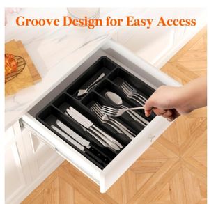 Organisateur de couverts avec couvercle, plateau à ustensiles pour tiroir de cuisine, boîte de rangement multifonctionnelle flexible en plastique PP pour cuillères et fourchettes - Product Image 3