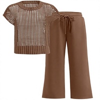 Ensemble assorti de luxe pour femme OUKODS : haut en maille crochetée transparente et pantalon large à col mandarin, coupe ample, lavable