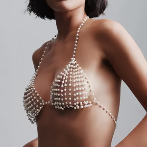Set Reggiseno e Perizoma Sexy di Lusso con Catena per il Corpo in Perle, Gioielli per il Corpo Artigianali in Perle, Imbracatura Traforata Trasparente per Donna - Product Image 2