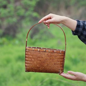 Handmade Bamboo Woven Basket Oval Red Bohemian Style Women's Tote Bag Storage For Tea Set Fruit Household Use - Product Image 2