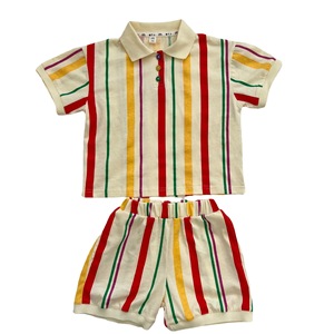 Ensemble tricoté rayé en coton délavé à l'enzyme style coréen pour filles (chemise-robe) <span class=keywords><strong>et</strong></span> garçons (short à manches courtes) - Product Image 5