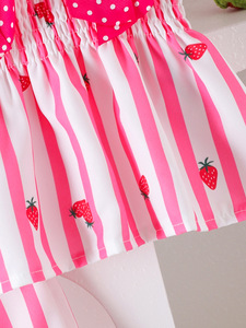 Completo Estivo 2026 per Bambina: Camicia a Righe Rosa e <span class=keywords><strong>Bianche</strong></span> con Fiocchi + Pantaloncini, Set con Motivo Fragola - Product Image 5