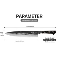 Couteau de chef japonais en acier inoxydable 10 pouces 7CR17Mov Couteau en acier à haute teneur en carbone avec manche en bois Pakka
