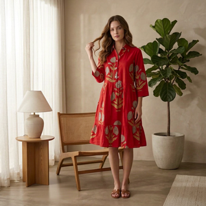 Red Block Printed Cotton Shirt Dress Women Long Sleeve Button Front A Line Printed <b>Indian</b> Pakistani <b>Top</b> - Product Image 1