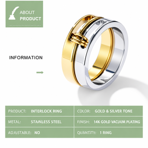 Interlocking Two Tone <b>Ring</b> <b>Stainless</b> <b>Steel</b> 14K Gold Vacuum Plated Linked Band Gold and Silver Color <b>Ring</b> - Product Image 4