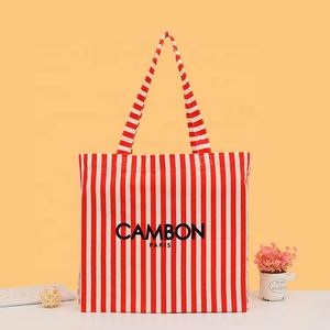 Bolsa de Mano Personalizable con Logotipo Impreso, de Algodón Reciclado, Nueva Moda, Gran Capacidad, para Mujer, Roja, con Rayas de Lona - Product Image 1