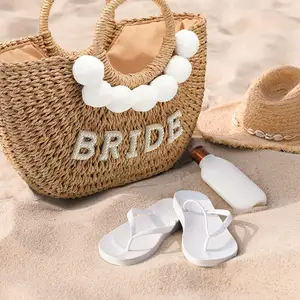 Bolsos de mano personalizados para mujer, bolsas de mano tejidas, cesta de paja francesa para compras, bolso de playa, decoración con letras de perlas