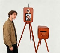 Machine photo classique haut de gamme en bois avec support d'imprimante assorti pour location événementielle (mariages, fêtes, photographie)