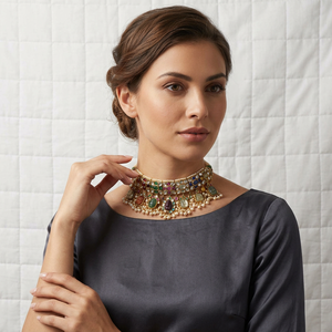 Gold Fine Jewelry <b>Set</b> Ethnic Natural Stone Choker Necklace with Navratan Pendant for Women's Wedding Party - Product Image 4