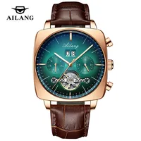 AILANG Moda Yeşil Büyük Kadran Kare Mekanik Saat Erkekler için Deri Kayış Su Geçirmez Tourbillon Saatler Erkek Relogio Masculino