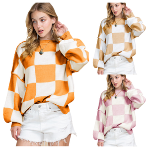 Shewin Wholesale Autumn Winter Plaid Yellow <strong>White</strong> Pullover Women Crew Neck Plaid <strong>Knitted</strong> <strong>Sweaters</strong> - Product Image 2