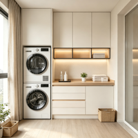 Meuble de buanderie moderne en MDF sur mesure, colonne lave-linge/sèche-linge, dissimule les appareils, sans poignées, évier, comptoir, étagère ouverte, pour appartement et hôtel