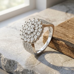 Luxury Women's <b>Gold</b> Plated 925 Silver Moissanite <b>Cocktail</b> <b>Ring</b> Round Brilliant Cut Pave Setting Flower Shape Wedding Jewelry - Product Image 2