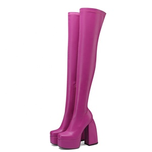 รองเท้าบูทส้นตึกสูงทรงพังก์สำหรับผู้หญิง หนังไมโครไฟเบอร์ยืดหยุ่น แบบสวมเหนือเข่า - Product Image 3