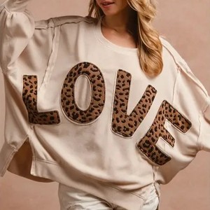 Su misura 2025 autunno nuova <span class=keywords><strong>felpa</strong></span> Casual Pullover con scritta Patchwork <span class=keywords><strong>leopardata</strong></span> top larghi manica lunga girocollo - Product Image 2