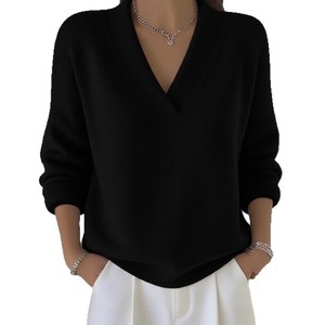 Nouveau pull en tricot à col en V ample de style européen et américain, couleur unie, mode décontractée, pull en tricot pour femmes - Product Image 1