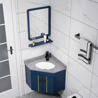 Meubles de salle de bain d'angle triangulaires en aluminium, unités de lavabo murales avec comptoir en pierre, lavabo bleu marine moderne pour petite salle de bain