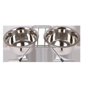 Comedero doble de acero inoxidable con estante de metal, resistente y fácil de limpiar, ideal para servir comida y agua a mascotas. - Product Image 1