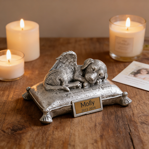 Urna per Ceneri di Cane in Resina Personalizzabile (Disponibile negli USA, Spedizione Rapida) - Design Cucciolo Angelo su Cuscino, Targa Incidibile per <span class=keywords><strong>Nome</strong></span>/Data - Product Image 2