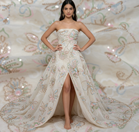 Tissu en organza tissé en polyester avec superposition de dentelle, coloris macaron, broderie perlée et pailletée, léger, pour mariage musulman modeste