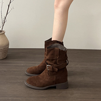 Bottes mi-mollet souples pour femmes, talon compensé dissimulé, en daim avec bride à boucle, style western à découpe en V, 3 couleurs.