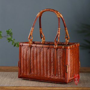 Lacquered Bamboo Woven Handbag Women's Tote Bag Vintage <b>Beach</b> Craft Tea Storage Box Small Size - Product Image 1