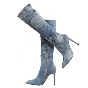 Bottes de cow-boy en denim tendance automne/hiver, légères, à bout pointu, à talon aiguille, hauteur genou, avec fermeture éclair latérale, effet usé, pour femmes - Product Image 3