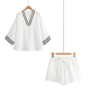 Women's White 2 Piece Shorts <b>Set</b> V Neck Three Quarter Sleeve Loose Fit Breathable Linen Spring Summer Outfit - Product Image 6