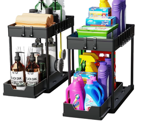 2ชั้นใต้ซิงค์จัดระเบียบชั้นวางตู้แบบเลื่อนชั้นเก็บของพร้อมตะขอแขวนถ้วยห้องน้ำห้องครัว - Product Image 1