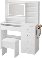 Ensemble blanc de 39,4 pouces avec bureau en verre, bande lumineuse RGB, miroir LED intelligent, station de charge, coiffeuse