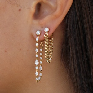 Hot Fashion Women Jewelry placcato oro Iced Out Bling Round CZ pavimentato <span class=keywords><strong>con</strong></span> <span class=keywords><strong>orecchini</strong></span> pendenti a doppia faccia <span class=keywords><strong>con</strong></span> catena a maglie <span class=keywords><strong>con</strong></span> nappe cubane - Product Image 4