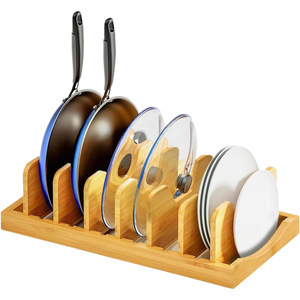 Étagère à vaisselle en bambou avec support pour couvercles, pour organiser les casseroles, les poêles, les assiettes et les couvercles sur le comptoir de cuisine, type rectangulaire sur pied - Product Image 5