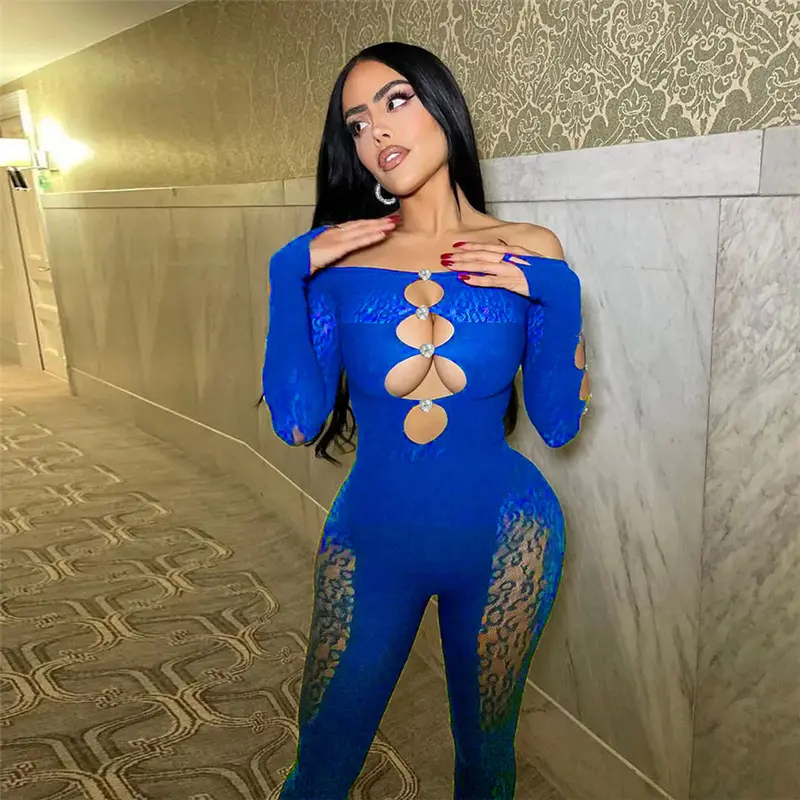 Y2K fashion lingerie women off shoulder long sleeve jumpsuit bodycon hollow out lace see through mesh sexy jumpsuit women lady
