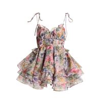 Nouvelle robe courte à bretelles, ourlet en forme de gâteau, style pastoral, taille haute, style floral, été 2024, mini robe décontractée pour femmes, tissage uni