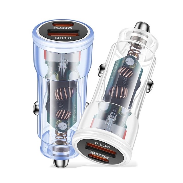 Car Charger 30W Super Fast Charging with Type-C & USB Ports 5V/3A Output Supports PPS.VOOC for Mobile Phones