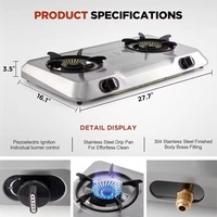 Réchaud à double brûleur, allumage manuel, plaque de cuisson extérieure, GPL, propane, camping, 2 brûleurs, réchaud portable, acier inoxydable