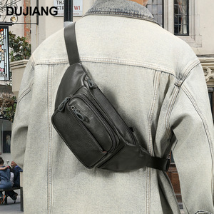 Sac de poitrine en cuir véritable Dujiang, noir, multifonctionnel, pour homme, loisirs en plein air, voyage, sac bandoulière - Product Image 1