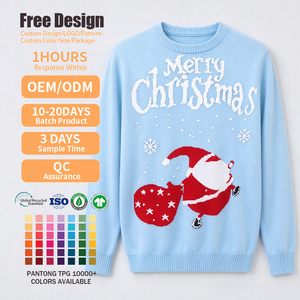 Suéter Navideño Personalizado con Logotipo OEM ODM para Mujer, Color Azul Claro, Cuello Redondo, Tejido Jacquard, Diseño de Santa Claus - Product Image 2