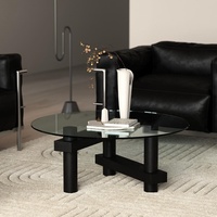 Table basse ronde minimaliste en verre avec base en bois massif pour petit appartement, salon, gain de place, mobilier de maison