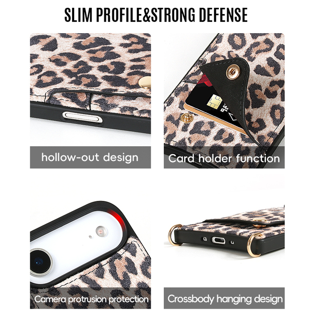 Customizable Fashion Luxury Leopard Print Genuine Leather Mobile Phone Cases with Card Holder Wallet for iPhone