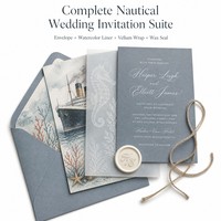Invitaciones de Boda Náuticas de Lujo Personalizadas, con Sello de Cera, Envoltura de Papel Vitela, Tarjetas con Diseño Acuarela Oceánica, para Pedidos al por Mayor