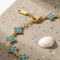 Gelang Tenis Bunga Empat Kelopak Berkilau Zirkon Biru Lapis Emas PVD Baja Tahan Karat, Produk Laris Lintas Negara untuk Wanita